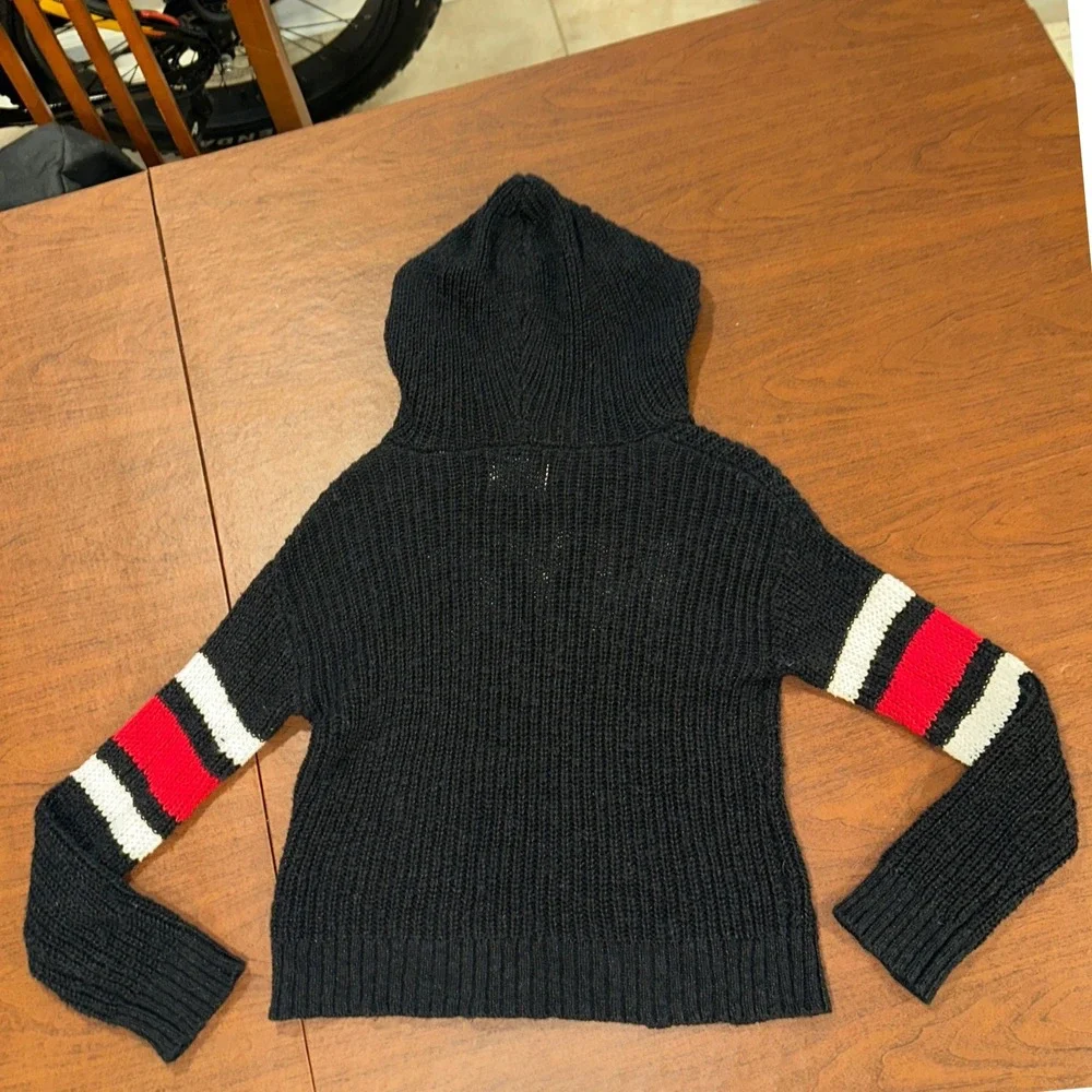 Justice Girls Black NYC Knit Hoodie Sweater Varsity Stripe Sleeves Size 12